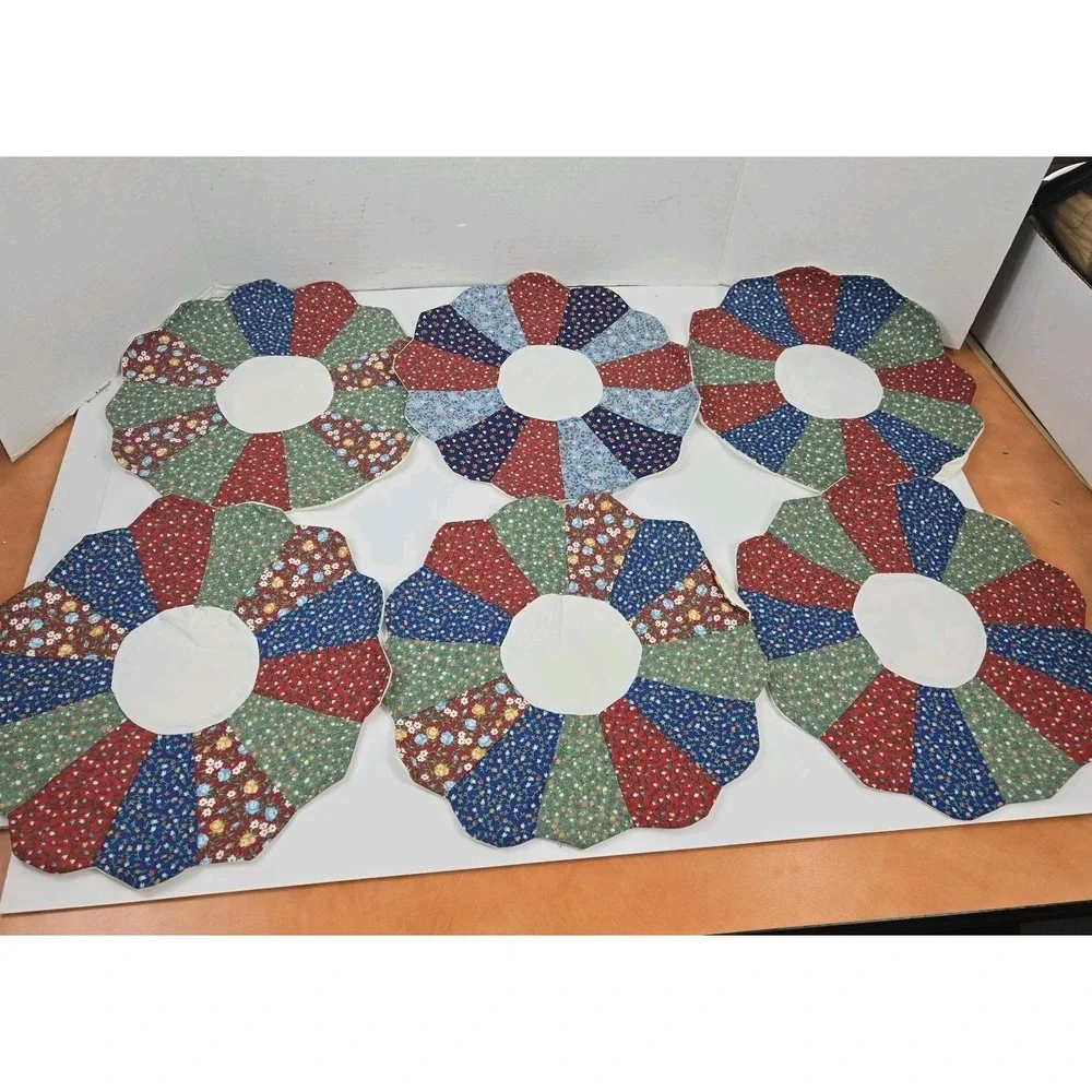6 Hand Stitched Flower Quilt Fabric Pieces Pillow Covers with Plain Backs READ